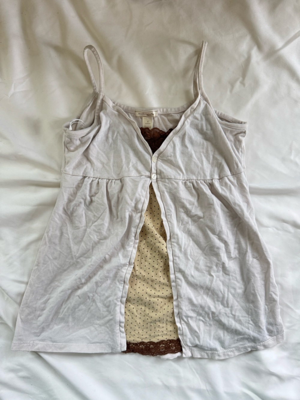 Ambiance White Layered Spaghetti Strap Tank with Brown Lace Trim